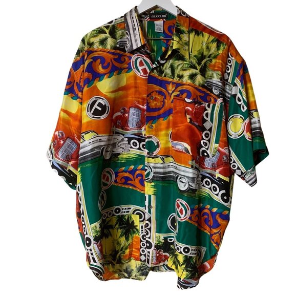 Mens Vintage Silk Club 100% Silk Cars All Over Print Short Sleeve Button Down L - Picture 1 of 16